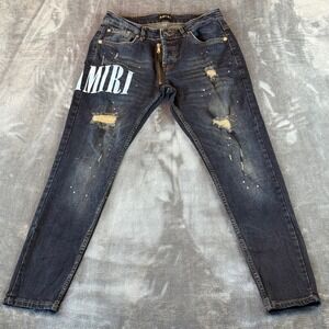 Amiri Men Distressed Logo Jeans Dark Wash Exposed Zipper Dragon Patch 31x28